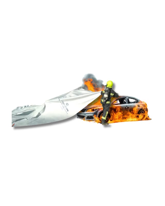 Signature Car Fire Blanket used to cover and suppress a vehicle fire, showcasing heavy-duty fiberglass fire protection by Darshan Safety Zone.