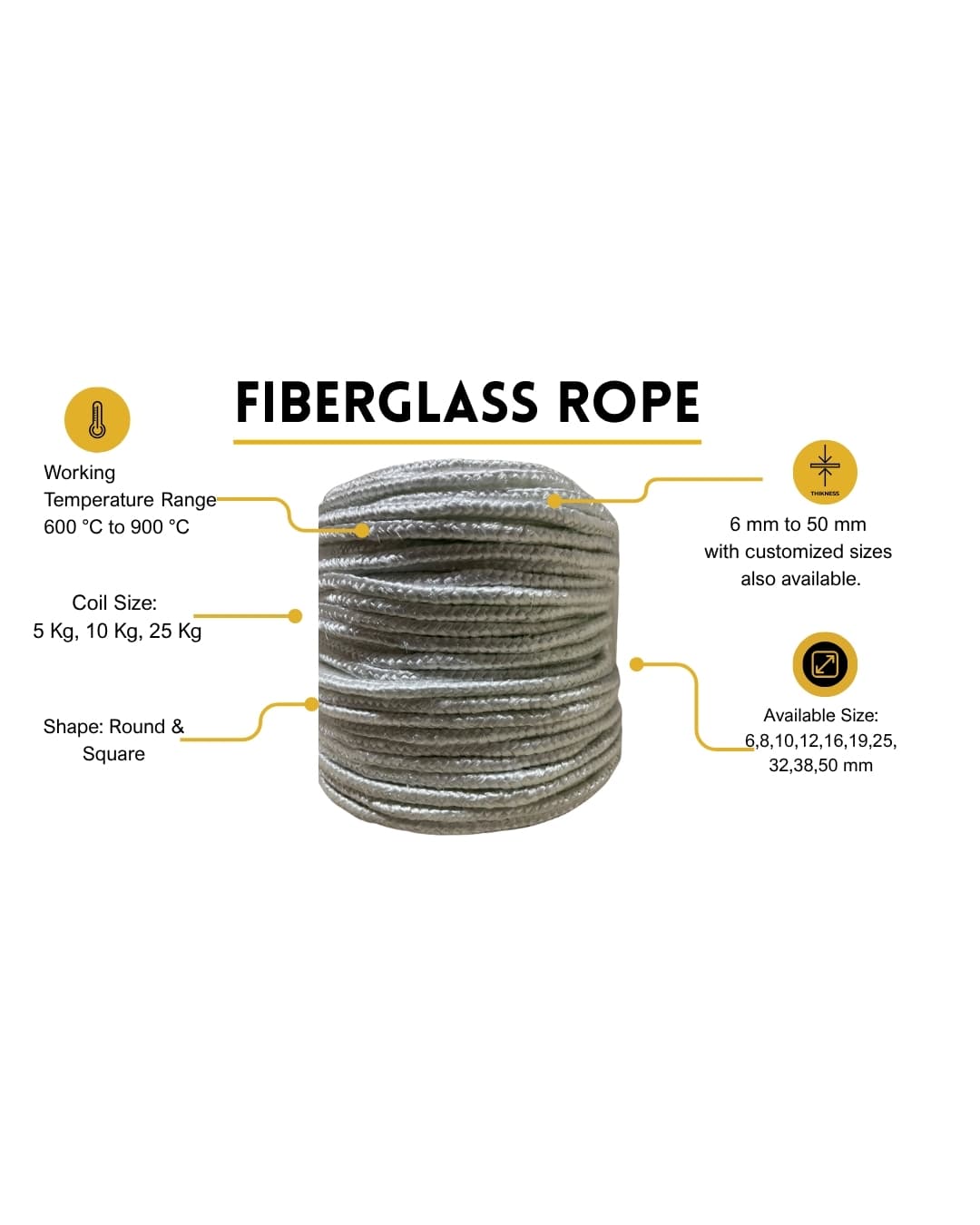 Signature Fiberglass Rope in Thiruvananthapuram city made from durable braided fiberglass yarn for high-temperature gasket sealing, furnace doors, and industrial insulation applications in Kerala