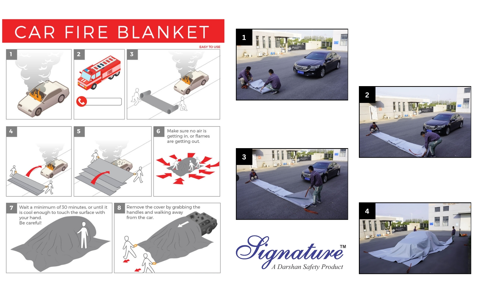 Car fire blanket preventing fire from spreading to nearby vehicles
